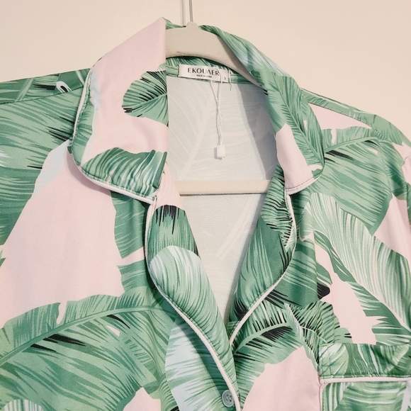 EQOUAER | Women's Pink and Green Tropical Leaf Print Pajama Top (Size Small) - Picture 3 of 12